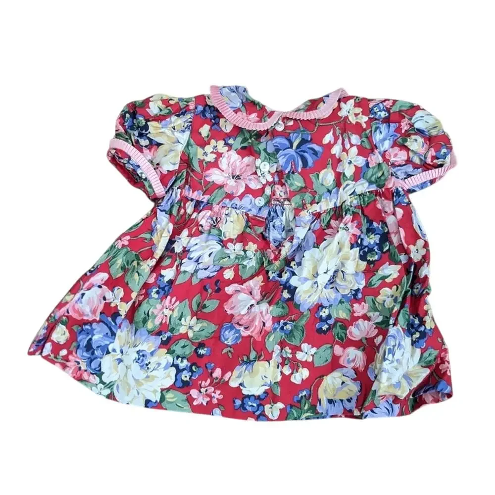 Vintage Girls Polly Flinders 18M 80s Red Pink Floral Babydoll Style Dress EUC